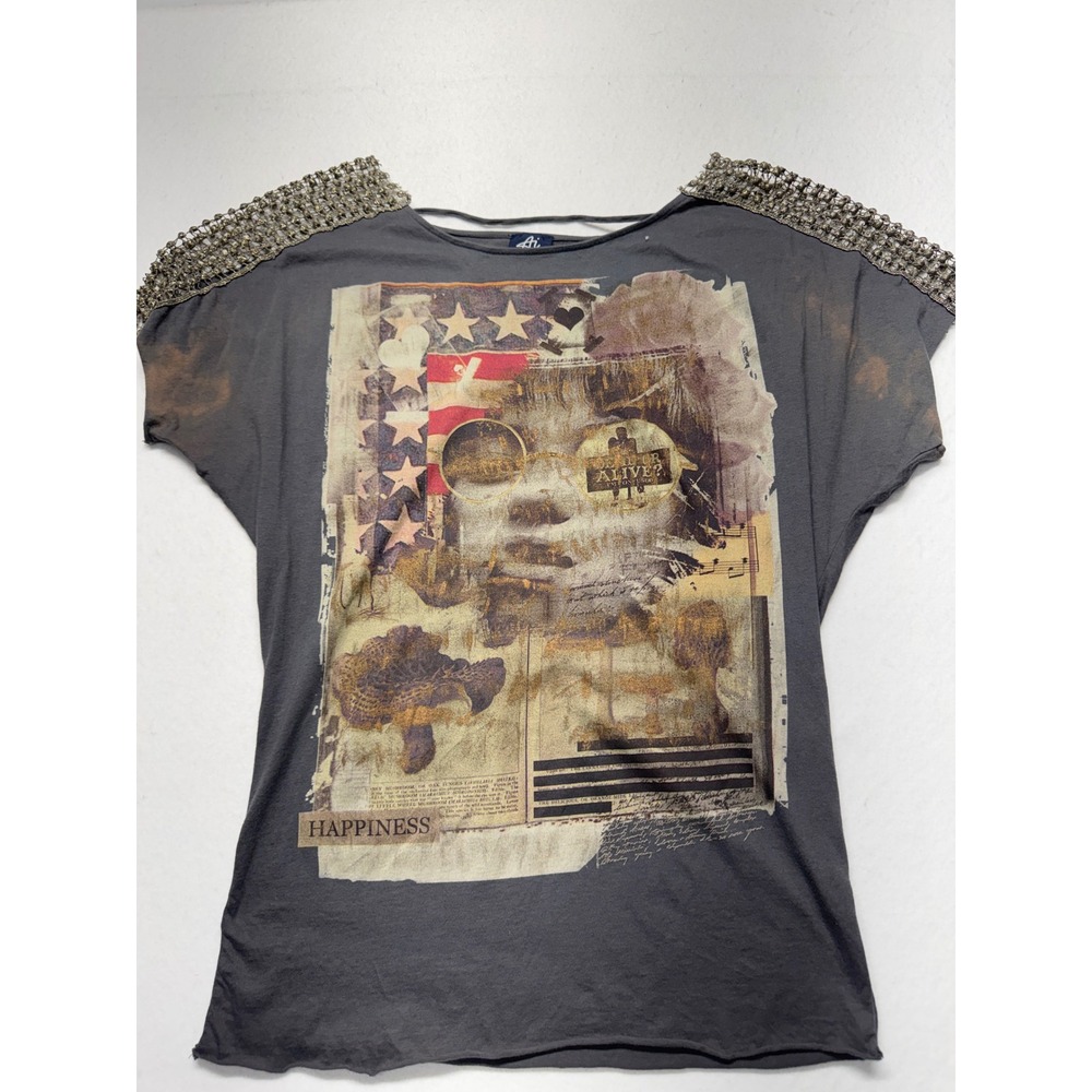 Authentic Icon Ai Graphic Tee Charcoal Gray Metallic Mesh Shoulder Women Small